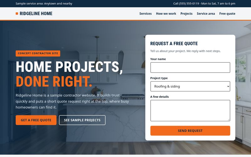 Screenshot of the Ridgeline Home Services contractor and home services website concept: A bold navy-and-orange contractor site with a quote form in the hero, clear services, a project gallery, and a service area list.
