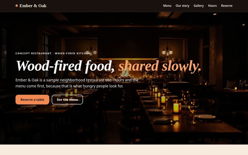 Screenshot of the Ember & Oak Kitchen restaurant website concept: A warm, dark-and-ember restaurant site with a tabbed menu, gallery, hours, and a table-request form.