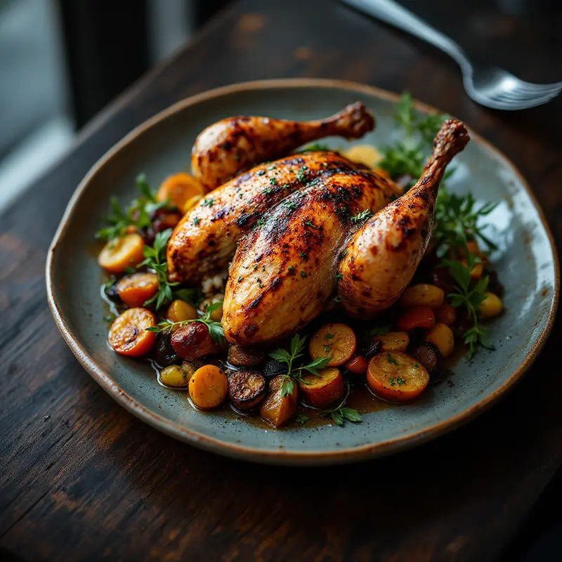 Roasted chicken with charred vegetables on a rustic ceramic plate
