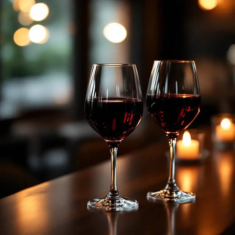 Two glasses of red wine on a dark bar with candlelight behind