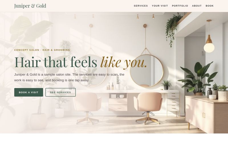 Screenshot of the Juniper & Gold Salon salon and barbershop website concept: A soft, elegant salon site with a clear price list, a visit walkthrough, a portfolio, and an appointment request form.