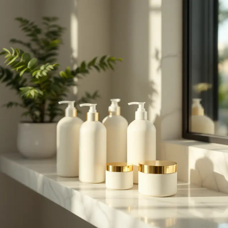 Cream and sage hair care bottles on a marble shelf with a plant