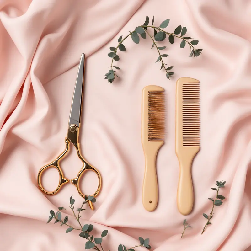 Gold scissors, wooden comb and brush on blush linen