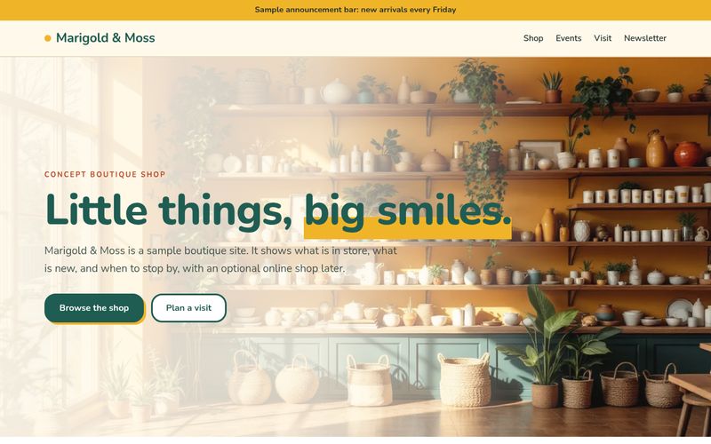 Screenshot of the Marigold & Moss Boutique retail shop and boutique website concept: A playful, colorful boutique site with filterable product cards, an events list, store hours, and a newsletter sign-up.