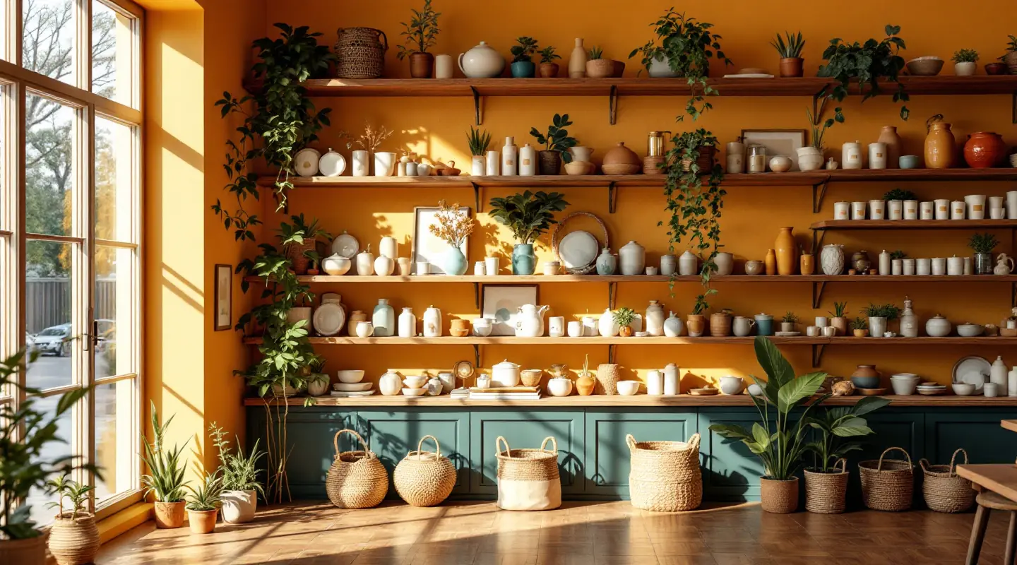 Sunlit gift boutique with wooden shelves of ceramics, candles and plants