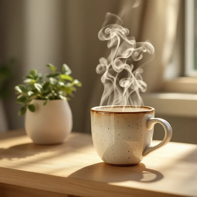 Handmade speckled ceramic mug with steam beside a small plant