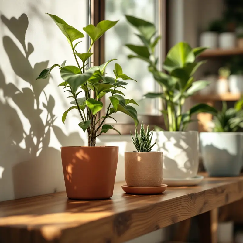 Small green plants in terracotta and white pots on a shelf