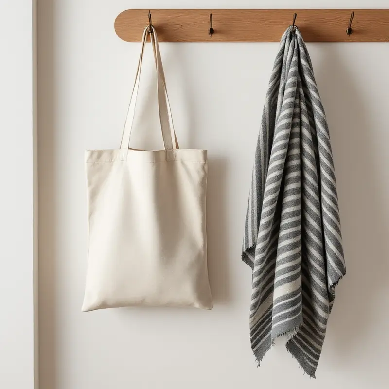 Natural canvas tote bag and striped scarf on a wooden hook